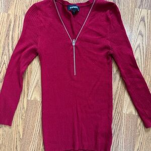 Express Red Ribbed Long Sleeve Zip-Neck Dress
